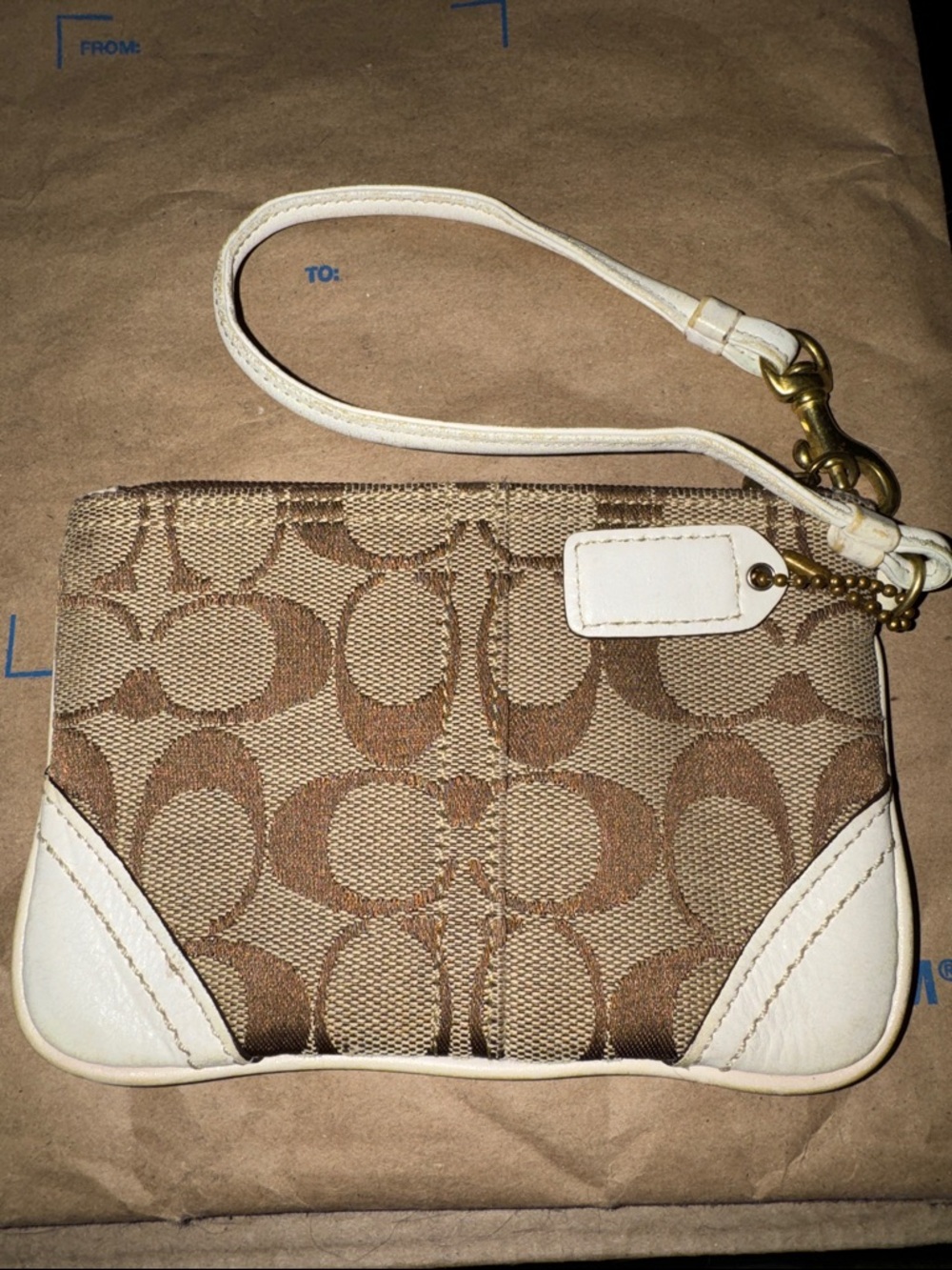 Coach Khaki and Chalk Signature Canvas Wristlet